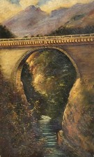 Tableau ancien signé.  Un Pont en pierre. Peinture huile sur toile. 