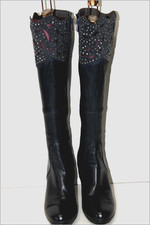 MAM'ZELLE Bottes à Talons Cuir Ajouré et Clouté Bleu Pétrole T 36 TTBE