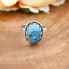Stylé 925 Argent Sterling Bleu Cuivre Turquoise Bague Bobo Fantaisie Cadeau