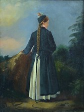 Ancien tableau portrait  jeune femme Suisse Costume Biedermeier Fribourg