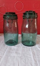 2 ANCIENS BOCAUX en VERRE de couleur VERTE  SOLIDEX & IDEALE  1 L Déco CUISINE