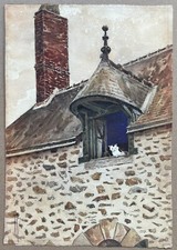 Aquarelle Originale Ancienne Maison en Pierre Toit Cheminée Brique Lucarne Chat