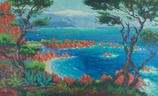Tableau ancien vue paysage Mer La Baie de Cannes Pins parasol marine été  142cm