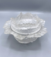 Bonbonnière vintage en verre dépoli – Portieux France motif chou & feuilles Art 