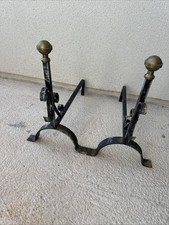 (N) Paire chenets de cheminée en fer forgé  vintage années 70 boule laiton