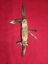 Ancien Couteau De Poche Laiton Arbalète Multifonctions 