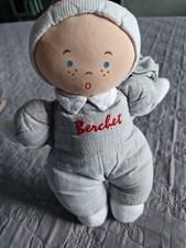 Doudou peluche BERCHET POUPEE EN CHIFFON TISSU GRIS BRODERIE ROUGE  28 cm- D111