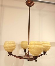 Ancien lustre Art déco globes verre de Clichy crème jaune et branches cuivre