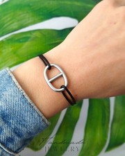 Bracelet cordon satiné noir breloque chaîne d'ancre acier inoxydable Cadeau 