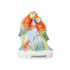 Feve Oiseau Perroquet Couple Perruches Porcelaine Figurine Miniature