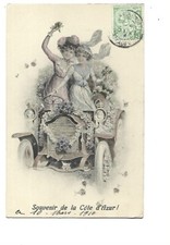 ILLUSTRATION J. KRANZLE- ELEGANTES DANS VOITURE FLEURIE - SOUVENIR COTE D AZUR