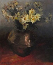 Vintage French Oil Painting, Bouquet of Flowers, Daisies, Cauldron, Signed, 1946