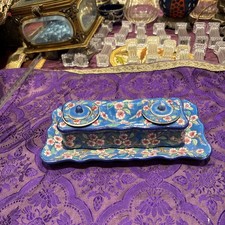 superbe encrier emaux de louviers facon longwy epoque XIXe faience