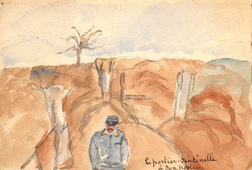 Dessin gouache ww1 - , tranchee