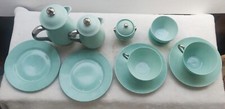 Service Petit Déjeuner Duo Turquoise en Porcelaine Fine de Delvaux. 11 Pièces BE