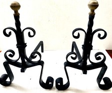 chenets de cheminée en fer forgé anciens vintage années 70 boule laiton