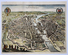 PARIS FRANCE 1655 MATHAEUS MERIAN UNUSUAL LARGE UNUSUAL ANTIQUE BIRD'S EYE VIEW