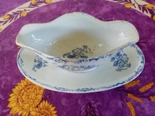 Saucière Faience Saint Amand Lebacqz et Bouchart Modèle Fleurs de Pommier Bleues