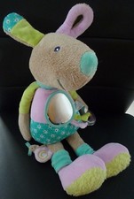 88/2. DOUDOU PELUCHE BABYSUN LAPIN BOBBY BEL OEIL VERT MAUVE GRELOT HOCHET TBE
