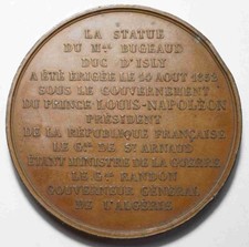 ALGERIE : TRES RARE MEDAILLE STATUE MARECHAL BUGEAUD A ALGER 1852 (poinçon Main)