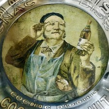 Rare Ancien 1920 Cendrier Publicitaire Cognac Bisquit Fixé Sous Verre Vigneron