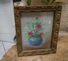 Petit Tableau Ancien : Vase de Fleurs encadré et verre  Charmant