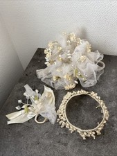 Ancien Accessoires De Mariée Couronne Boutonnière Bouquet Cire Fleur Tulle