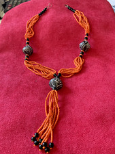 COLLIER ETHNIQUE 50cm + PENDANT 12cm - Ptt PERLE ORANGE - GROSSE PERLE SCULPTÉES