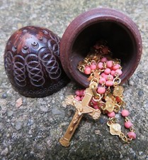 CHAPELET ancien PERLES CORAIL MAILLE Plaqué OR & OEUF à CHAPELET CORROZO sculpté