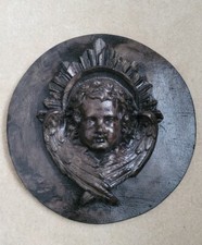 Magnifique Sculpture Murale Visage Ange Chérubin Enfant en Bois Diamètre 22 Cm