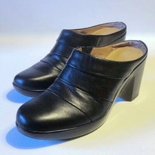 Sabots femme "Easyspirit", cuir noir, talons compensés 8 cm, point. 7 et 1/2(US)