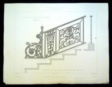 Gravure ancienne - Rampe en fer forgé et tôle déplacée, Maisonà Paris, barrette