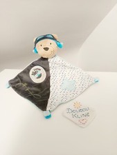 Doudou Plat/Mouchoir Grelot Ours Aviateur Bleu Noir Gris Pois Bon Voyage Sauthon
