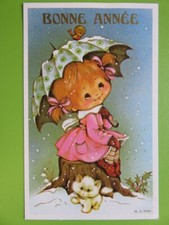 466M - Mignonette Bonne Année - Adorable petite fille - Chaton blanc et oisillon