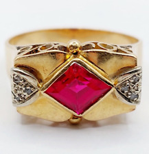 Bague tank art deco or 18k rubis synthétique 1,20 carats et diamant taille rose