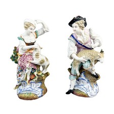 Ancien 19th Siècle Allemand Porcelaine Rococo Style Berger Avec Mouton Figurines