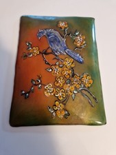 PLAQUE TÔLE ÉMAILLÉ BOMBÉ PEINTURE OISEAU SUR BRANCHE FLEUR