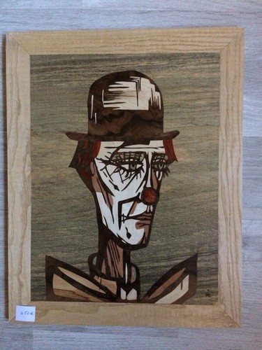 Tableau marqueterie bois clown - tableau,