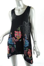 DESIGUAL Black Multi Viscose Blend Floral Asym. Embroidery Beaded Tank Top  Sz M
