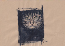 ENARA Art deco toile tableau peinture aquarelle signée sur craft portrait chat
