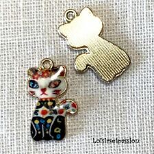 Lot de 2 - CHARM BRELOQUE PENDENTIF, CHAT BLANC NOIR ÉMAILLÉ, Métal doré - 144