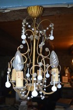 Lustre Pampilles Opaline Blanche 5 Feux Murano Italie Hauteur: 45cm