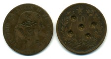 (3181) ITALIE -2 Monnaies de 10 centesimi Victor Emmanuel II " Contremarqué "