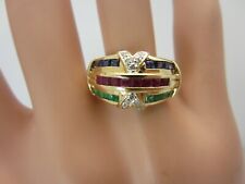 14k or Jaune Rubis Émeraude Saphir Bleu et Diamant Bague 0.95 CT Tw Dôme