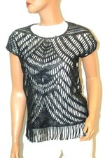Chicos  "CUTE" Black with Gold Metalic Fringe Open Lace Sleeveless Vest Sz 0