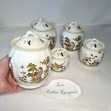 ? SERIE 5 POTS A EPICES EN PORCELAINE REPRO DECOR VIEUX MOUSTIERS