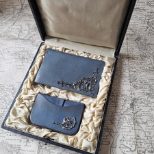 COFFRET Porte Monnaie Cuir Bleu Argent ANCIEN Fin XIXè Victorian French