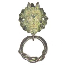 Ancien Main Laiton Cheval Visage Porte Heurtoir Cloche Pour Vert Patine