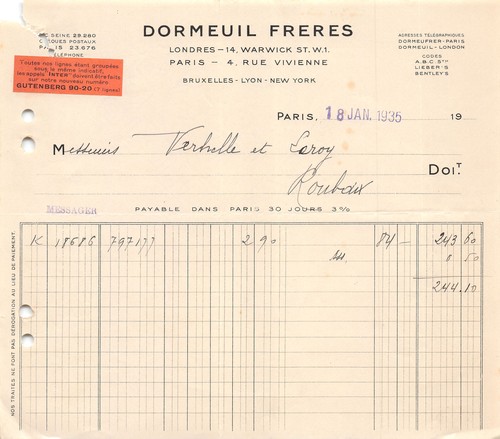 Facture 1935 dormeuil freres - ,
