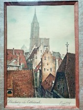 Dessin peinture aquarelle originale la cathédrale de Strasbourg  tableau Barclay